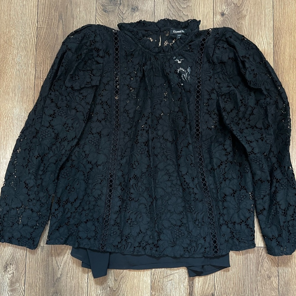 Express Black Blouse with Puff Sleeves and Ruffled Bib Collar